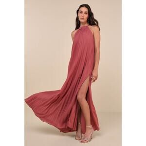 NWT Lulus Exceptionally Elegant Rusty Rose Pleated Chiffon Maxi Dress Banquet XS